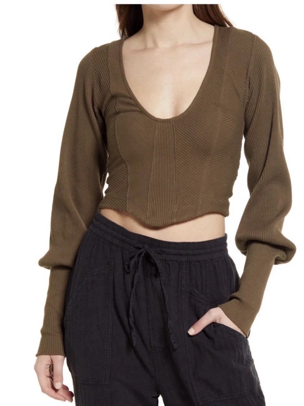 Free People Petra Ribbed Cropped Top Y2K Tortoise Shell Brown L